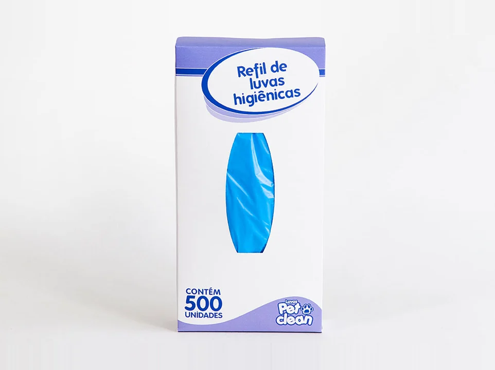 A caixa do Refil Pet Clean vista de ângulo, com a abertura por onde a luvinha é puxada.